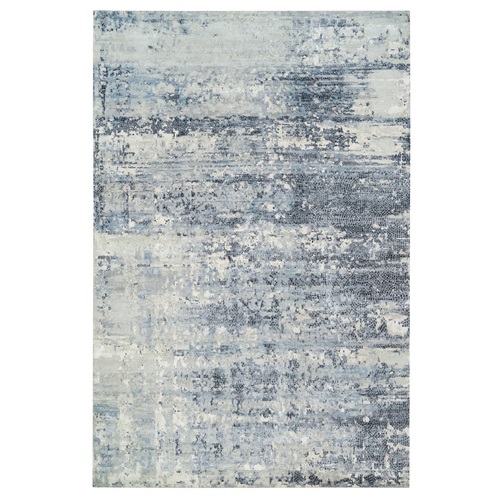 Blue and Gray, Wool and Silk Hand Knotted, Modern Abstract with Mosaic Design, Vegetable Dyes, Oversized Oriental Rug