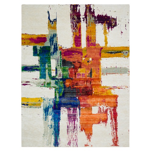 Colorful, Wool and Sari Silk, Hand Knotted, Modern Design Abstract Motifs with Painter's Brush Strokes, Oriental 