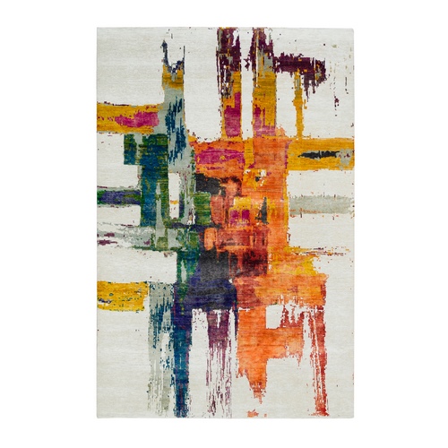 Colorful, Wool and Sari Silk, Modern Design Abstract Motifs with Painter's Brush Strokes, Hand Knotted Oriental 