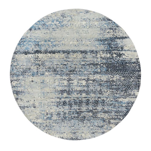 Blue Gray, Hand Knotted, Wool and Silk, Modern Abstract with Mosaic Design, Natural Dyes, Round Oriental Rug