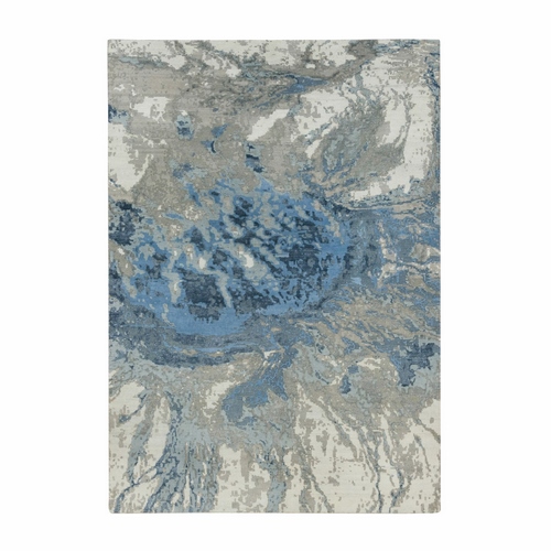 Ruddy Blue, Abstract Galaxy Design, Wool and Silk, Hi and low Pile, Hand Knotted, Oriental Rug