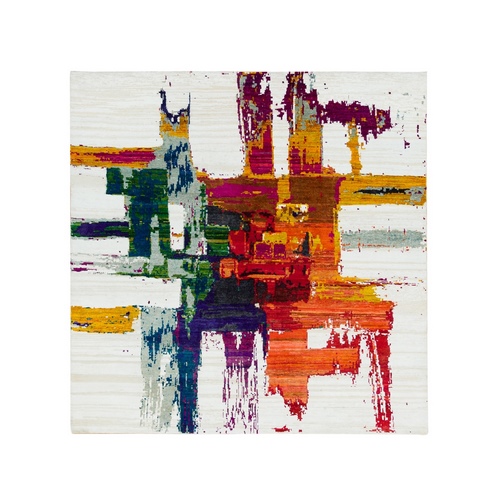 Ivory, Modern Abstract Motifs Painter's Brush Strokes, Wool and Sari Silk, Hand Knotted, Square Oriental Rug