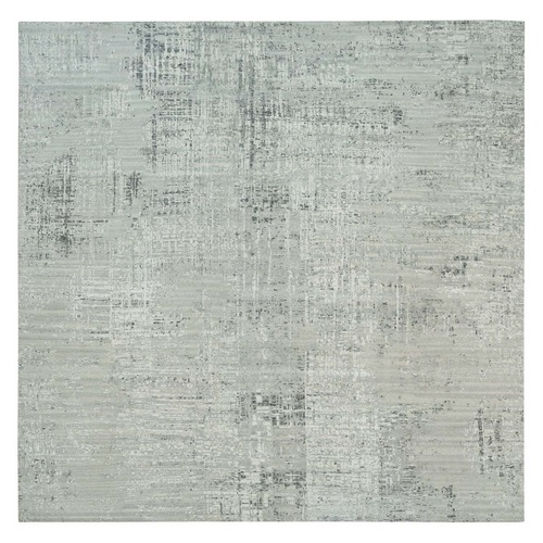 Light Gray, Hand Knotted, Modern Design, Hand Spun Undyed Natural Wool, Square, Oriental Rug