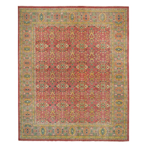 Red with Green, Sheared Low, Hand Knotted, Pure Wool, Antiqued Oushak Reimagined Repetitive Star and Rosette Design, Oversize Oriental Rug