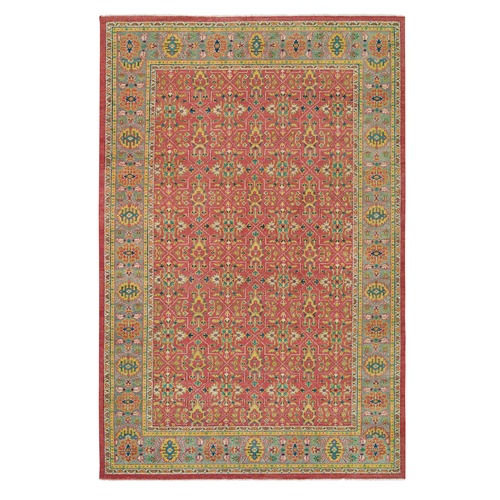 Red with Green, Pure Wool, Antiqued Oushak Reimagined Repetitive Star and Rosette Design, Sheared Low, Hand Knotted, Oversize Oriental Rug  