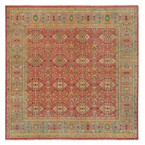 Fire Brick Red, Antiqued Oushak Reimagined Repetitive Star and Rosette Design, Sheared Low, Pure Wool, Hand Knotted, Square Oriental Rug