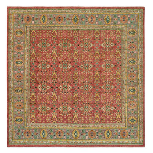 Fire Brick Red, Hand Knotted, Antiqued Oushak Reimagined Repetitive Star and Rosette Design, Sheared Low, Soft Wool, Square Oriental 