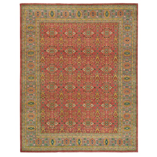 Fire Brick Red, Extra Soft Wool, Hand Knotted, Antiqued Oushak Reimagined Repetitive Star and Rosette Design, Sheared Low, Oversized Oriental Rug