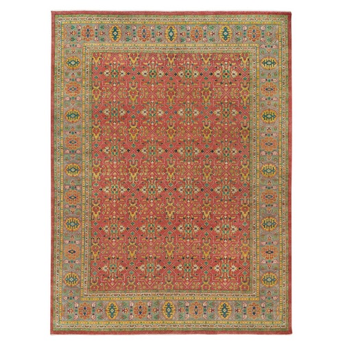 Fire Brick Red, Sheared Low, 100% Wool, Hand Knotted, Antiqued Oushak Reimagined Repetitive Star and Rosette Design, Oversized Oriental Rug