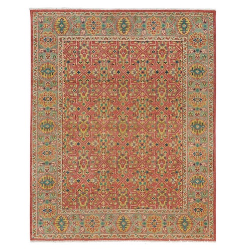 Fire Brick Red, Antiqued Oushak Reimagined Repetitive Star and Rosette Design, Sheared Low, Pure Wool, Hand Knotted, Oriental Rug