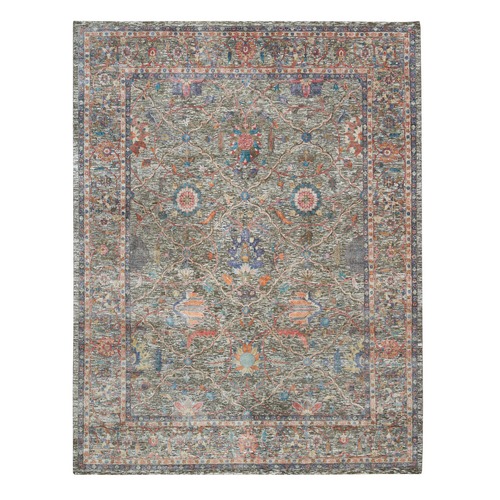 Taupe, Hand Knotted, Persian Scrolls Leaf and Flower Design, Striae Pattern, Silk with Textured Wool, Oriental Rug