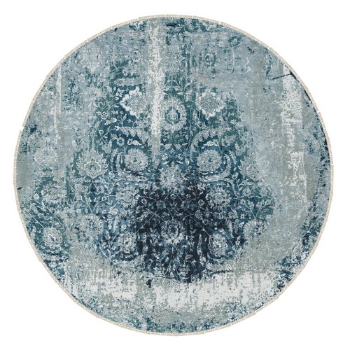 Blue-Teal Persian Tabriz Broken Design, Wool and Silk, Soft Pile, Hand Knotted Round Oriental 