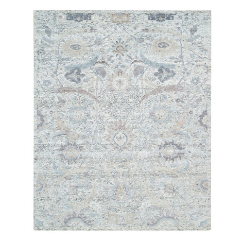 Ivory, Sickle Leaf Design, Lush and Plush Soft Pile, Silk With Textured Wool, Hand Knotted, Dense Weave, Oriental Rug
