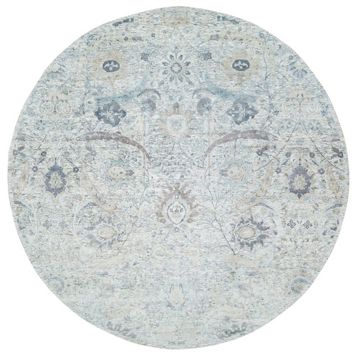 Ivory, Sickle Leaf Design, Silk With Textured Wool, Dense Weave, Hand Knotted, Soft and Lush, Round Oriental Rug