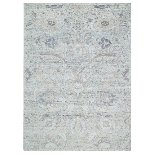 Ivory, Soft and Lush, Sickle Leaf Design Silk With Textured Wool, Dense Weave, Hand Knotted, Oriental Rug