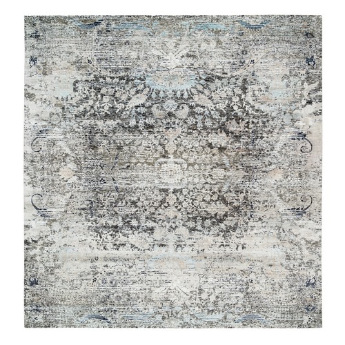 Gray, Transitional Persian Influence Erased Medallion Design, Silk with Textured Wool, Hand Knotted, Square Oriental Rug