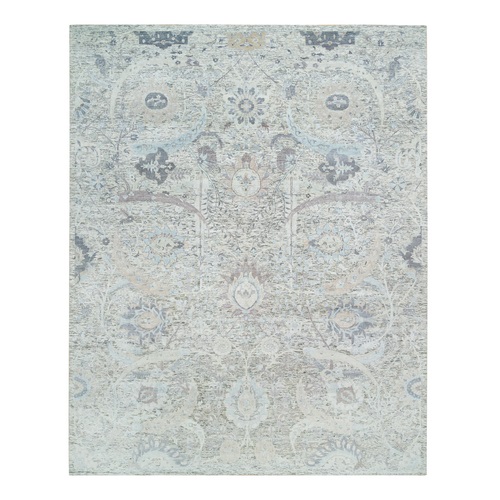 Ivory, Dense Weave, Silk With Textured Wool, Sickle Leaf Design, Plush and Lush Soft Pile, Hand Knotted, Oversize Oriental Rug