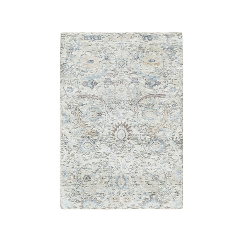 Ivory, Sickle Leaf Design, Soft Pile, Dense Weave, Silk With Textured Wool, Hand Knotted, Oriental Rug