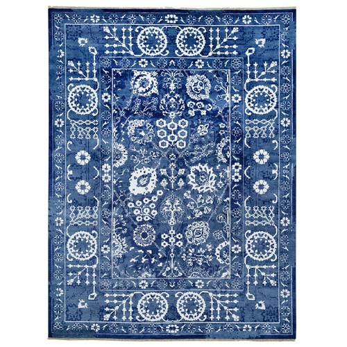Admiral Blue, Tone On Tone, Tabriz Hand Knotted, Wool and Silk, Oriental Rug