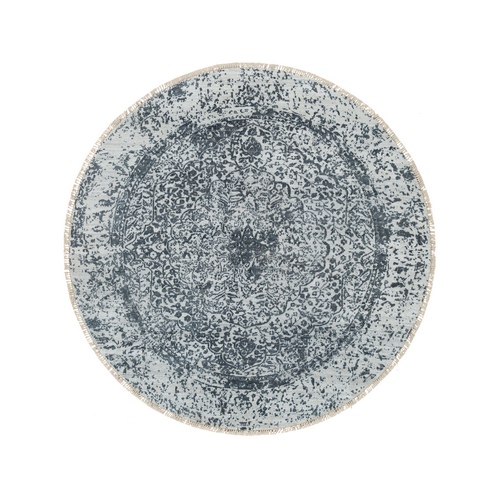 Ice Gray, Wool and Silk, Broken and Erased Persian Design, Hand Knotted, Round Oriental Rug 