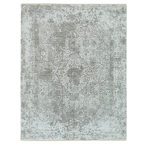 Chrome and Battleship Gray, Broken and Erased Persian Design, Hand Knotted, Wool and Silk, Oriental Rug