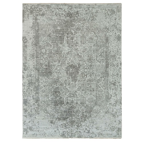 Gainsboro Grey, Wool and Silk, Hand Knotted, Broken and Erased Persian Design, Oriental Rug