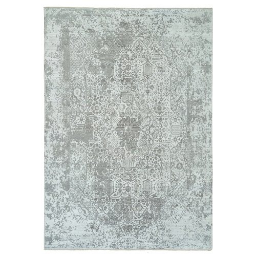 Chrome with Battleship Gray, Broken Persian Design, Hand Knotted, Wool and Silk, Oversized Oriental Rug