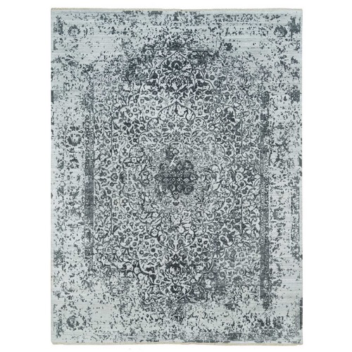 Ice Gray and Black Coral, Hand Knotted, Wool and Silk, Broken and Erased Persian Design, Oriental Rug 