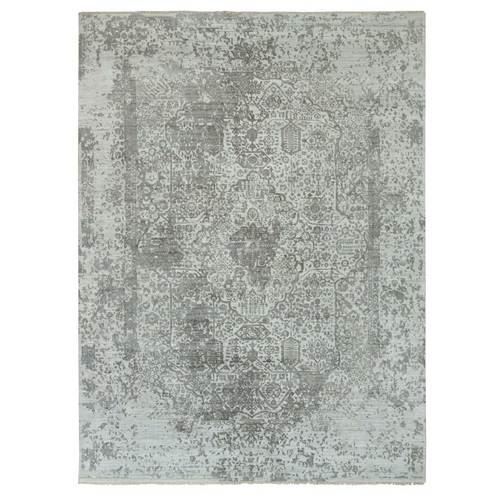 Goose Gray, Broken Persian Design, Hand Knotted, Wool and Silk, Oriental Rug 