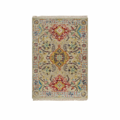 Dried Moss Beige, Wool and Silk, The Sunset Rosettes with Soft Colors, Hand Knotted, Mat Oriental Rug