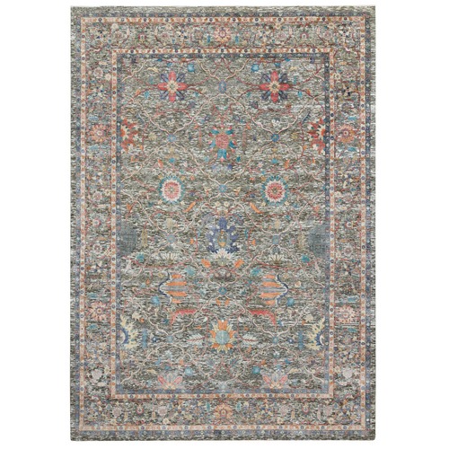 Taupe, Persian Scrolls Leaf and Flower Design, Striae Pattern, Silk with Textured Wool, Hand Knotted, Oriental Rug
