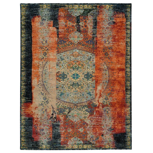 Metallic Orange, Hand Knotted, Ancient Ottoman Erased Design, Ghazni Wool, Oriental Rug