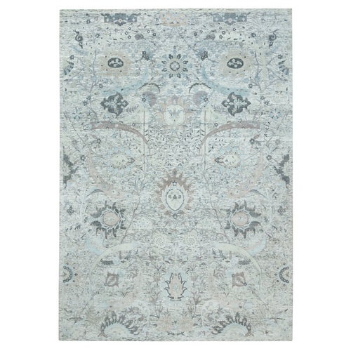 Ivory, Sickle Leaf Design, Soft Pile, Silk with Textured Wool, Hand Knotted, Oriental Rug
