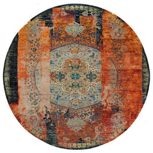 Metallic Orange, Ancient Ottoman Erased Design, Ghazni Wool, Hand Knotted, Round Oriental Rug
