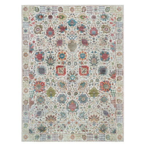 Ivory, Hand Knotted, Colorful Tabriz Vase with Flower Design, Silk with Textured Wool, Oriental Rug