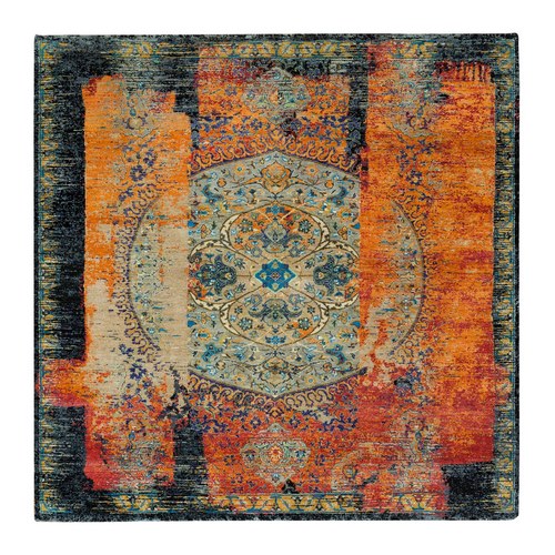 Metallic Orange, Hand Knotted, Ancient Ottoman Erased Design, Ghazni Wool, Square Oriental Rug