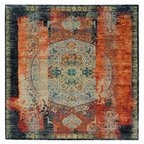 Metallic Orange, Ghazni Wool, Hand Knotted, Ancient Ottoman Erased Design, Square Oriental Rug