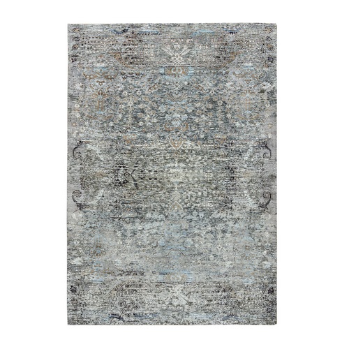 Gray, Transitional Persian Influence Erased Medallion Design, Silk with Textured Wool, Hand Knotted, Oriental Rug