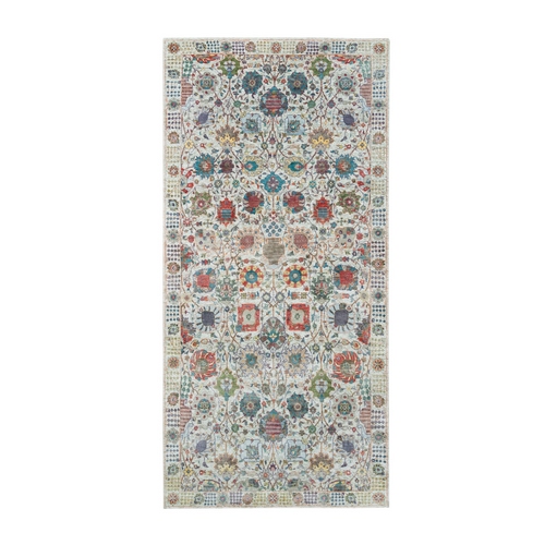 Ivory, Silk with Textured Wool, Hand Knotted, Colorful Tabriz Vase with Flower Design, Gallery Size Runner Oriental Rug