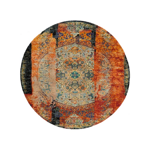 Metallic Orange, Ancient Ottoman Erased Design, Ghazni Wool, Hand Knotted, Round Oriental 