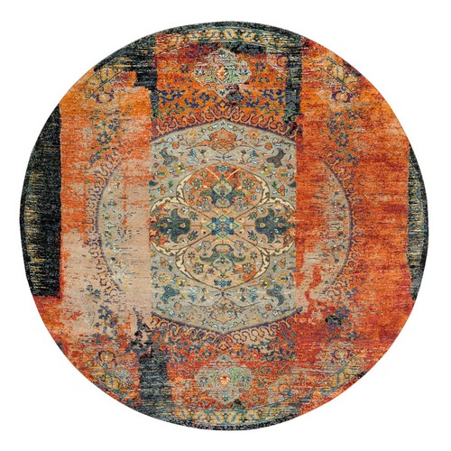 Metallic Orange, Ghazni Wool, Hand Knotted, Ancient Ottoman Erased Design, Round Oriental Rug