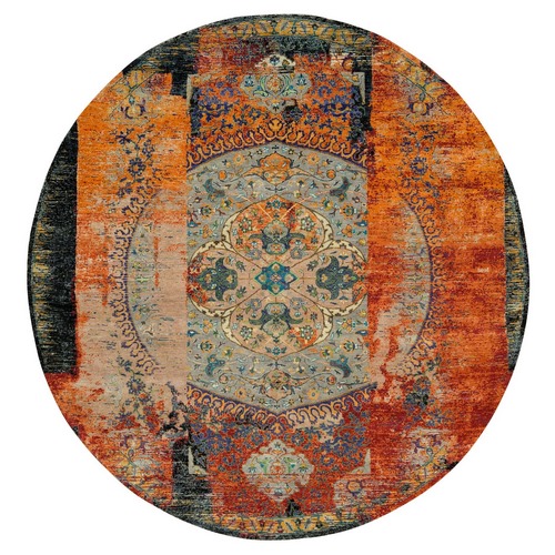 Metallic Orange, Ancient Ottoman Erased Design, Ghazni Wool, Hand Knotted, Round Oriental Rug