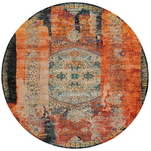 Metallic Orange, Hand Knotted, Ancient Ottoman Erased Design, Ghazni Wool, Round Oriental Rug