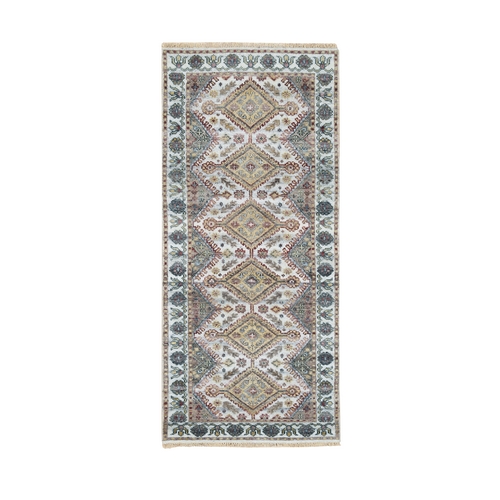 Ivory, Pure Wool Hand Knotted, Shiraz Reimagined, Thick and Lush, Unique Flower Rosettes Border Design, Runner Sustainable Oriental Rug
