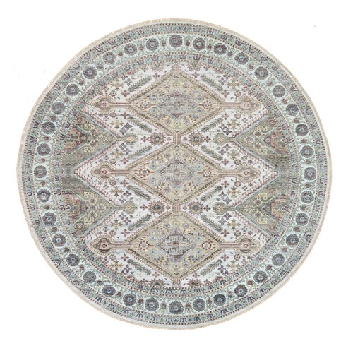 Ivory, Pure Wool Hand Knotted, Shiraz Reimagined, Thick and Lush Soft Pile, Unique Flower Rosettes Border Design, Round Sustainable Oriental 