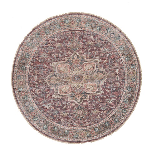 Light Burgundy, Soft Wool, Heriz Revival, Thick and Plush, Hand Knotted, Round Oriental Rug 