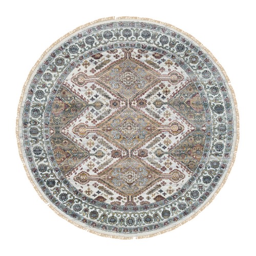 Ivory, Shiraz Reimagined Unique Flower Rosettes Border Design, Soft Pile, Soft Wool Hand Knotted, Tone on Tone, Round Sustainable Oriental Rug