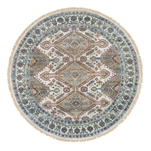 Ivory, Pure Wool Hand Knotted, Shiraz Reimagined, Thick and Lush, Unique Flower Rosettes Border Design, Round Sustainable Oriental 