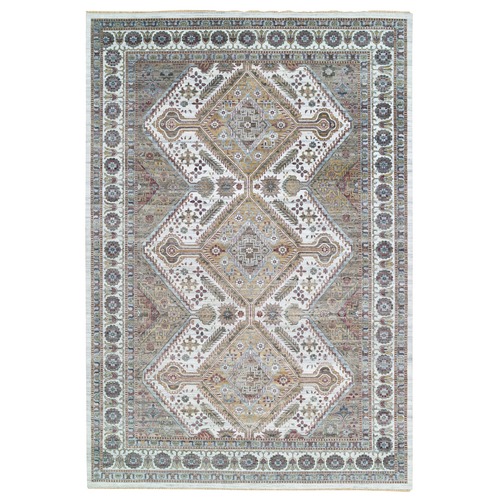 Ivory, Organic Wool Hand Knotted, Shiraz Reimagined, Soft and Vibrant Pile, Unique Flower Rosettes Border Design, Oversize Sustainable Oriental Rug