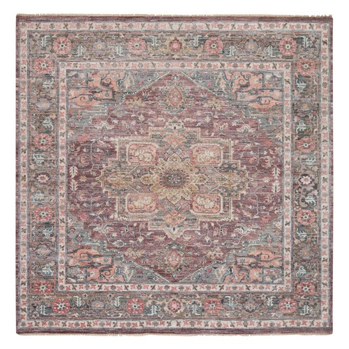 Light Burgundy, Tone on Tone, Extra Soft Wool, Heriz Revival, Soft Pile, Hand Knotted, Square Oriental Rug 